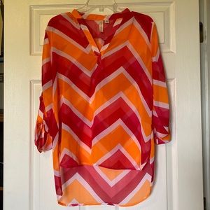 Sheer bright pink/orange/white top size medium